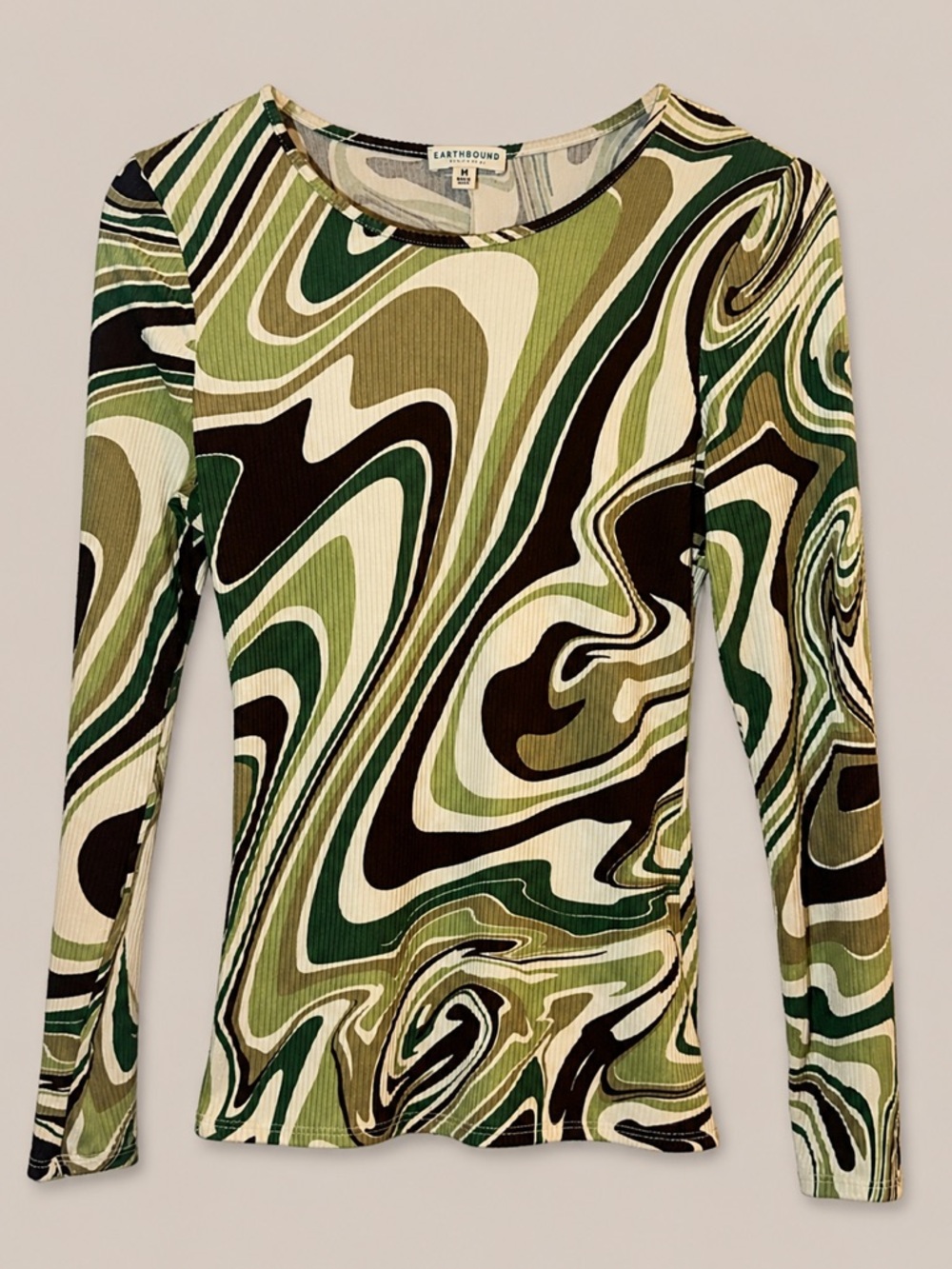 Earthbound Groovy Swirl Print Top Open Back Ring Detail Ribbed Long Sleeve M